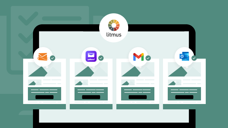 Email tip: Illustration showing email previews across multiple clients (Yahoo, Gmail, Outlook) with a Litmus logo, emphasizing the importance of testing emails for compatibility before sending.