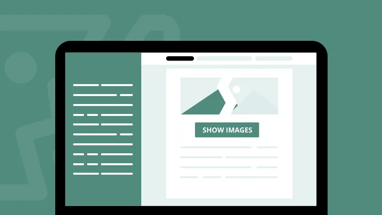 Email design tip: An illustration of a blocked email with a 'Show Images' button, emphasizing the importance of alt text and ensuring key details are not image-dependent.