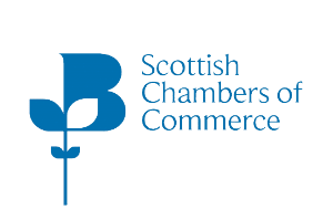 Logo of the scottish chambers of commerce, featuring a stylized thistle and text in blue tones.