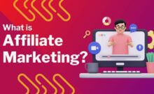 A colorful graphic with a stylized character standing next to a computer screen, with text asking "what is affiliate marketing?" indicating an educational theme about affiliate marketing strategies.