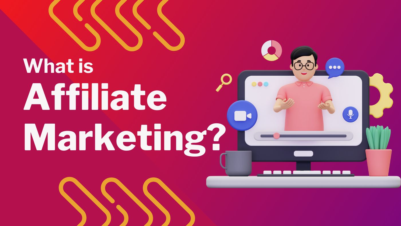 A colorful graphic with a stylized character standing next to a computer screen, with text asking "what is affiliate marketing?" indicating an educational theme about affiliate marketing strategies.