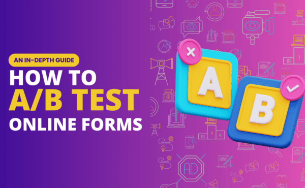 An in-depth guide: how to a/b test online forms" against a vibrant purple background with tech-related icons.