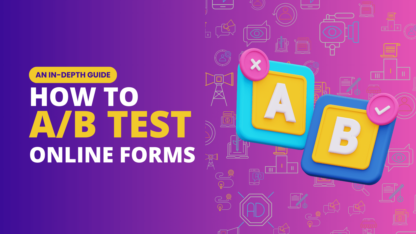 An in-depth guide: how to a/b test online forms" against a vibrant purple background with tech-related icons.