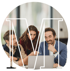 b2b-thought-leadership11 The image depicts three professionals, two men and one woman, working together and looking at a laptop screen. They appear engaged and focused, suggesting a collaborative work environment. The photo is framed within the outline of the letters "M" and "N," which may represent the initials of a company or a concept related to the content of the image.