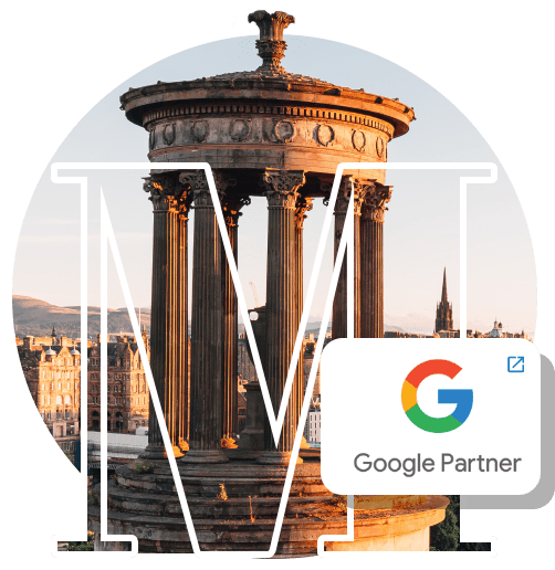 Ancient meets modern: a historical monument stands proudly against a cityscape at dusk, overlaid with the google partner logo, symbolizing the fusion of traditional architecture and contemporary business partnerships.