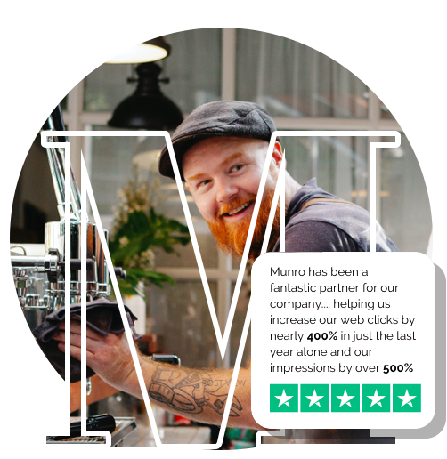 A jovial bearded man wearing a cap smiles at the camera in a modern workspace, with a positive testimonial overlay highlighting a significant increase in web impressions due to a successful partnership.