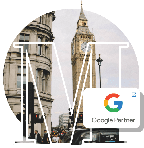 A creative overlay of the letters "int" against the backdrop of a bustling city street scene featuring the iconic big ben in london, complemented by the logo of google partner at the bottom right corner.