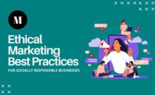 Test reads "ethical marketing best practices for socially responsible businesses", alongside an iluustration of a woman with a loudspeaker.