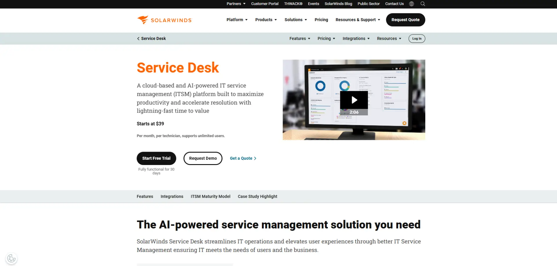 SolarWinds Service Desk SolarWinds Service Desk homepage