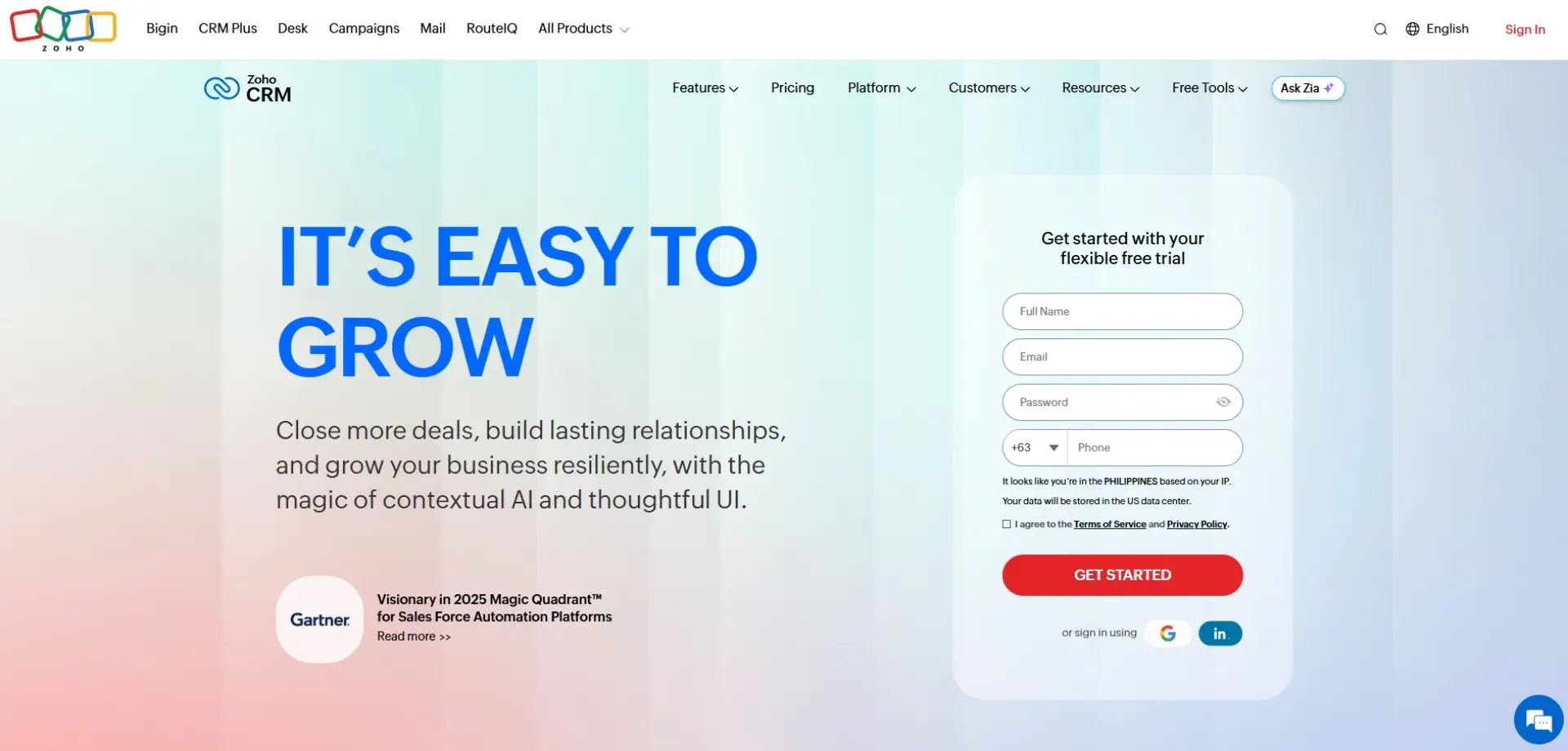 Zoho CRM Zoho CRM homepage