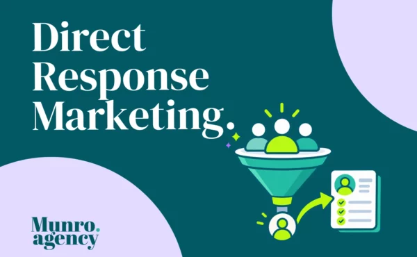 Illustration representing direct response marketing with a funnel and user engagement.